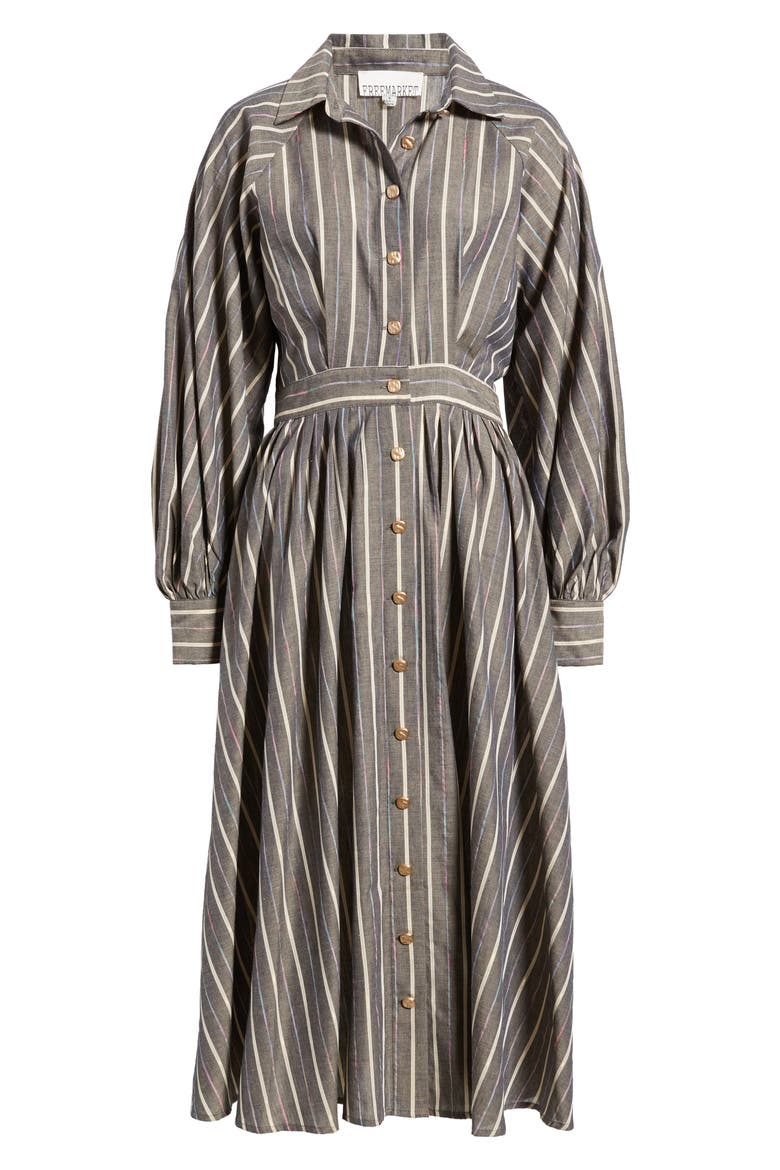 Stripe Pleated Long Sleeve Midi Shirtdress, Alternate, color, CHARCOAL