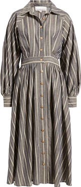 FREEMARKET Stripe Pleated Long Sleeve Midi Shirtdress