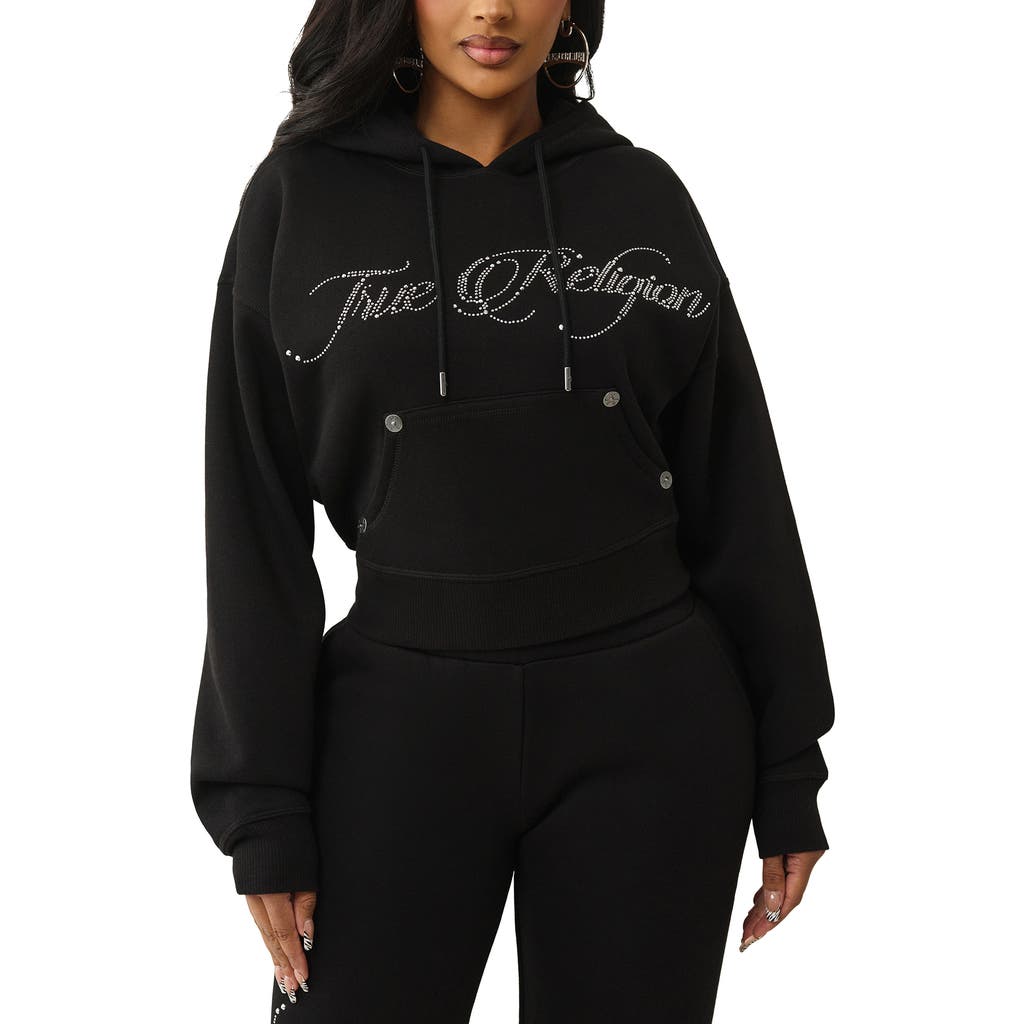True Religion Rhinestone Logo Crop Hoodie In Black