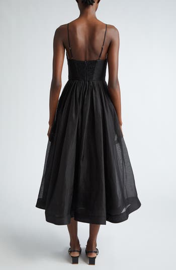 Illustration Plunge Neck Linen & Silk Organza Midi Dress