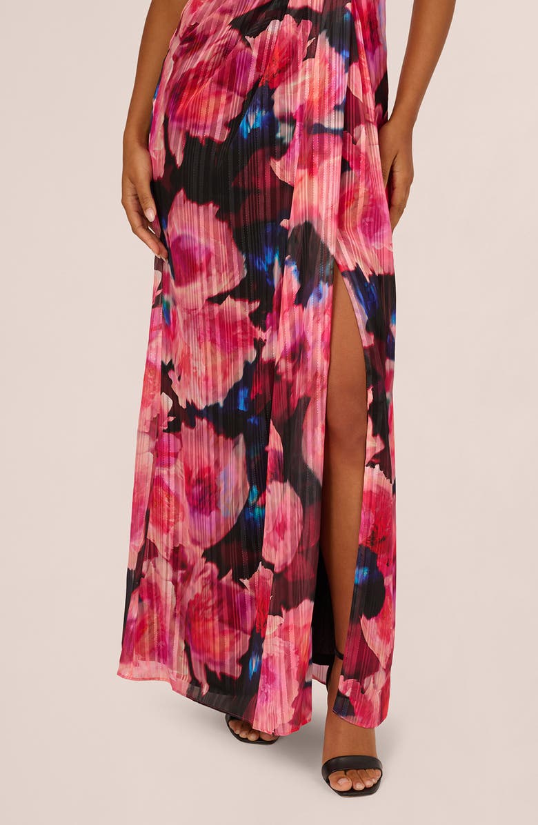 Adrianna Papell Pleated Floral One-Shoulder Chiffon Gown, Alternate, color, Black/Berry