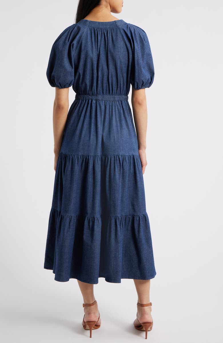 Anne Klein Puff Sleeve Tiered Denim Midi Dress, Alternate, color, 