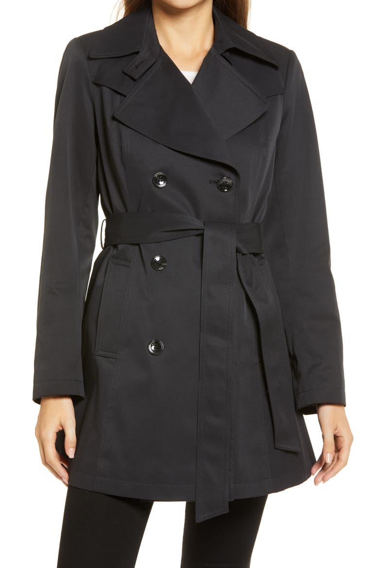 Double Breasted Belted Raincoat, Main, color, BLACK