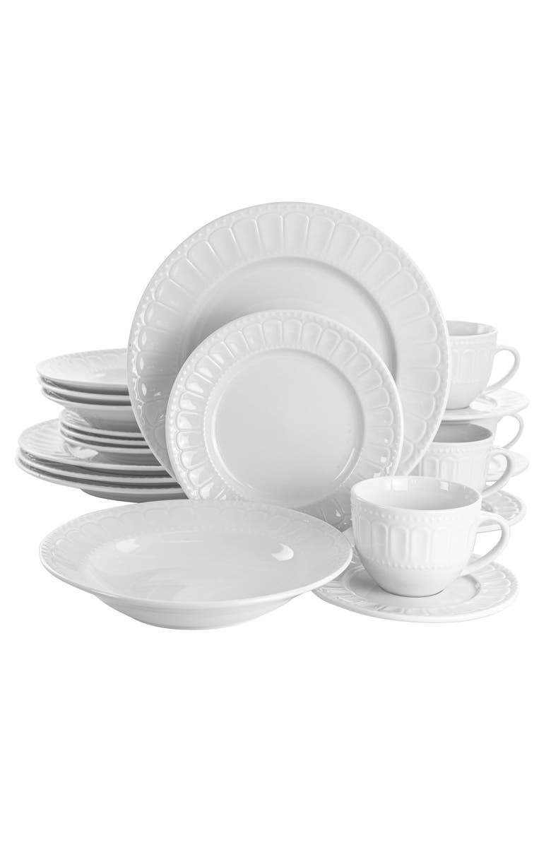 Elama Charlotte 20 Piece Porcelain Dinnerware Set, Main, color, White