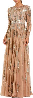 Mac Duggal Long Sleeve Mesh Embellished Gown