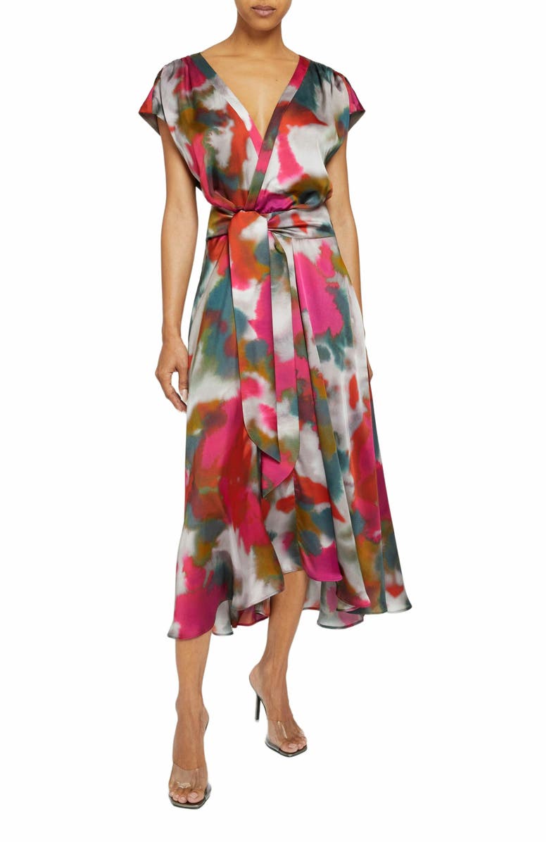 Santorelli Talia Faux-Wrap Midi Dress with Hi-Lo Skirt in Abstract Print, Alternate, color, Sedona Multi