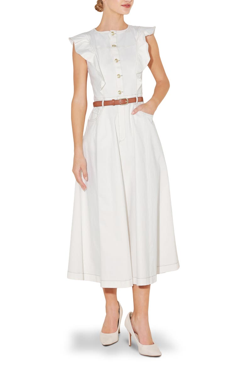 Belted Denim Midi Dress, Main, color, WHITE