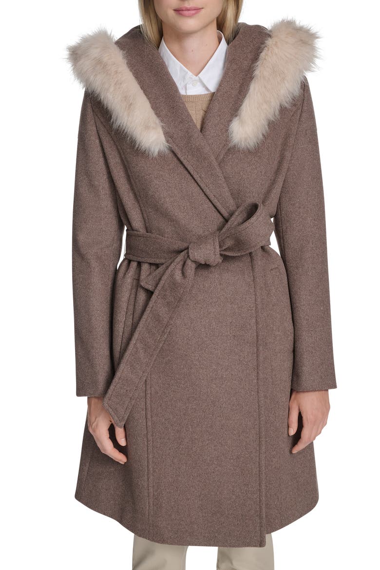 Slick Wool Blend Coat with Faux Fur Trim Hood, Main, color, PORTOBELLO