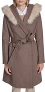 Cole Haan Slick Wool Blend Coat with Faux Fur Trim Hood