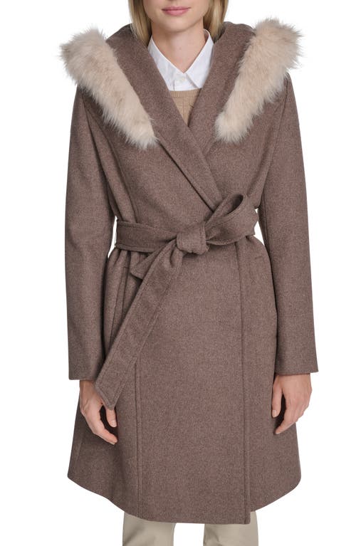 Cole Haan Slick Wool Blend Coat With Faux Fur Trim Hood In Brown