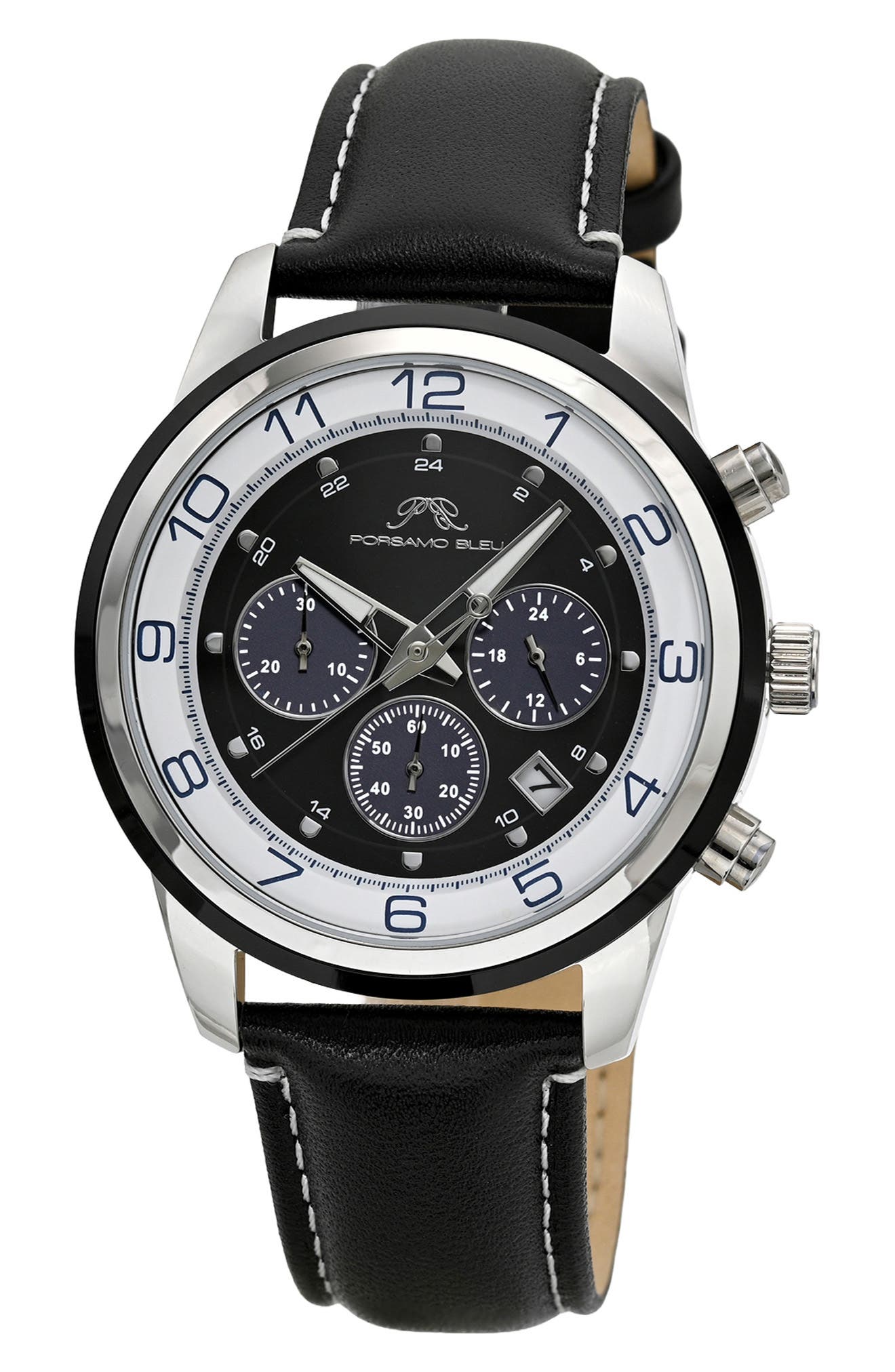 PORSAMO BLEU Arthur Chronograph Leather Strap Watch, 44mm