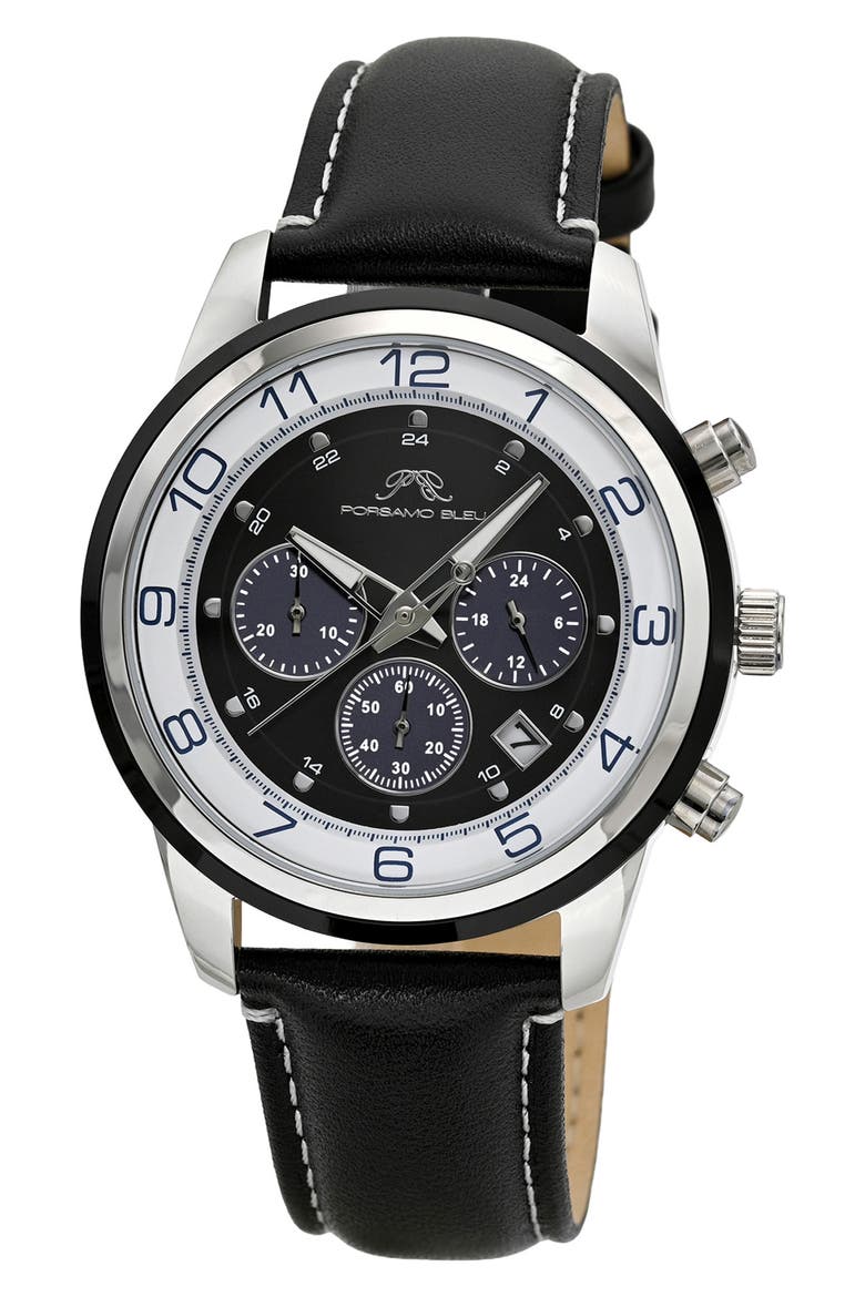 Arthur Chronograph Leather Strap Watch, 44mm, Main, color, SILVER