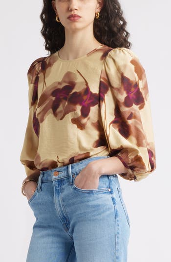 Nordstrom Print Blouson Sleeve Top In Brown
