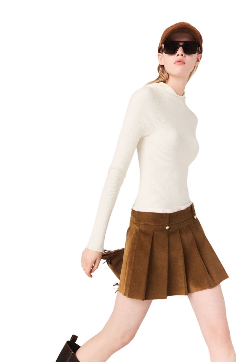 maje Pleated corduroy mini skirt, Alternate, color, Camel
