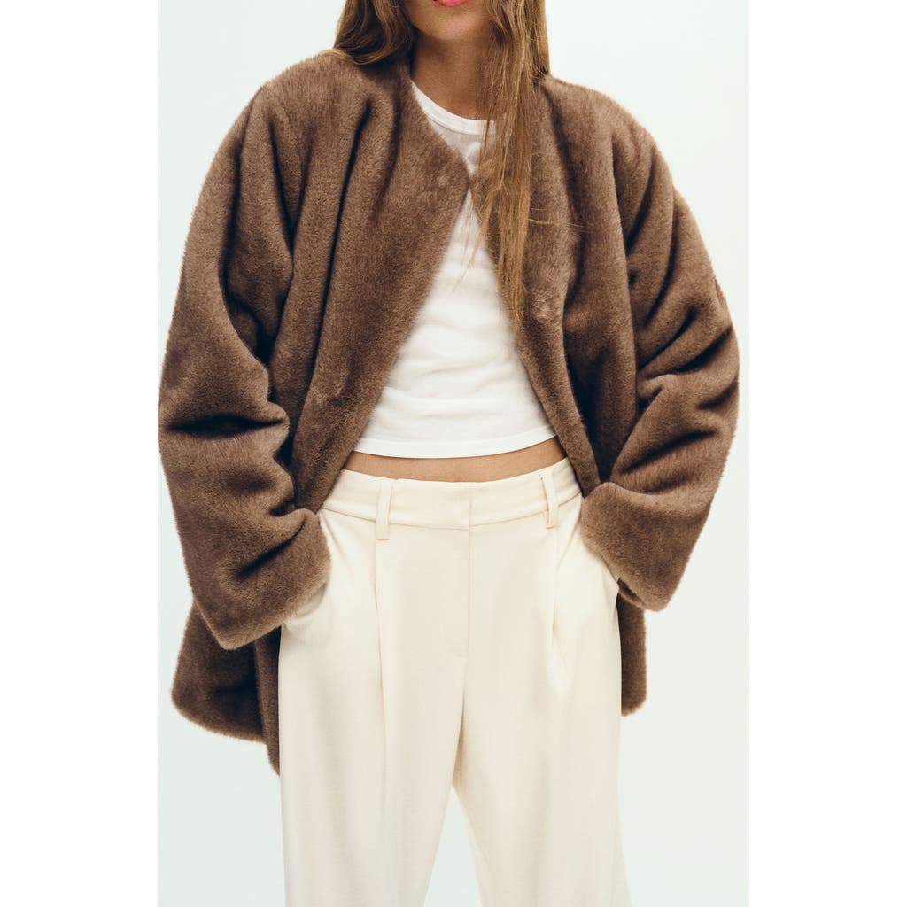 Reformation Devin Faux Fur Coat In Brown