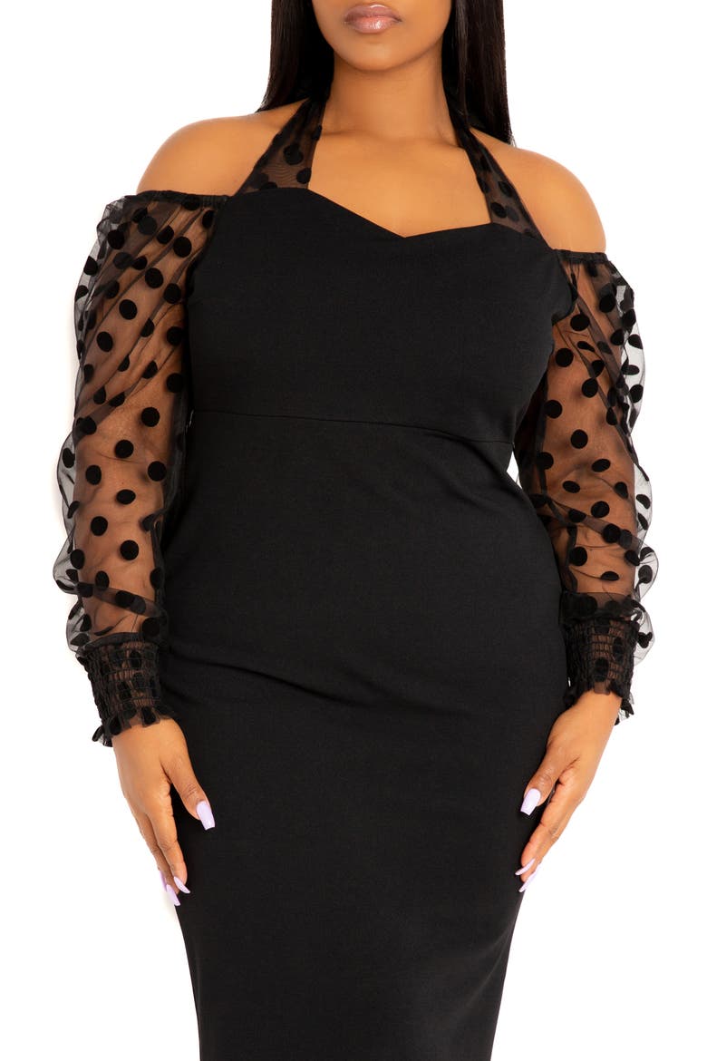 Polka Dot Contrast Long Sleeve Sheath Dress, Alternate, color, BLACK