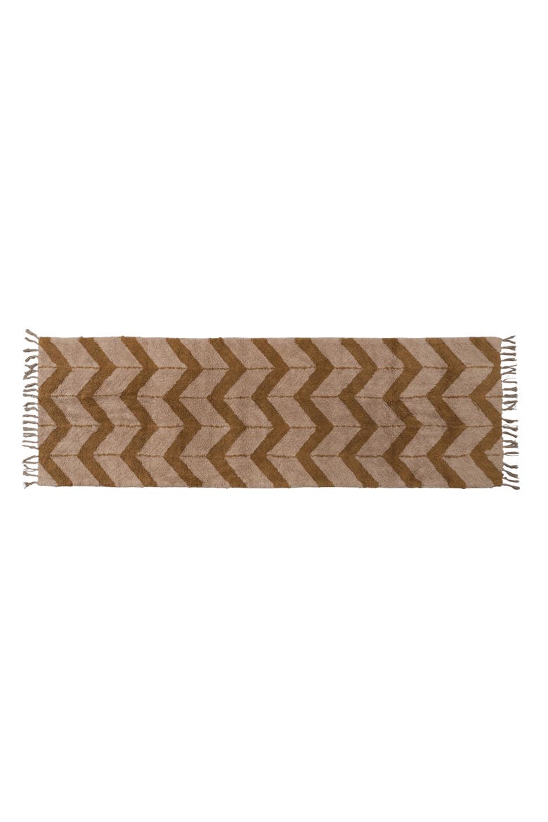 Cotton Tufted Floor Runner with Chevron Pattern and Fringe, Main, color, Brown