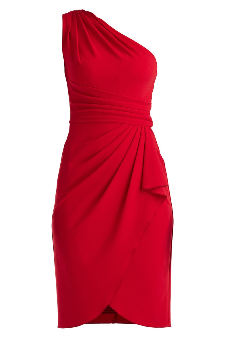 Pleated One-Shoulder Crepe Cocktail Dress, Alternate, color, CHERRY