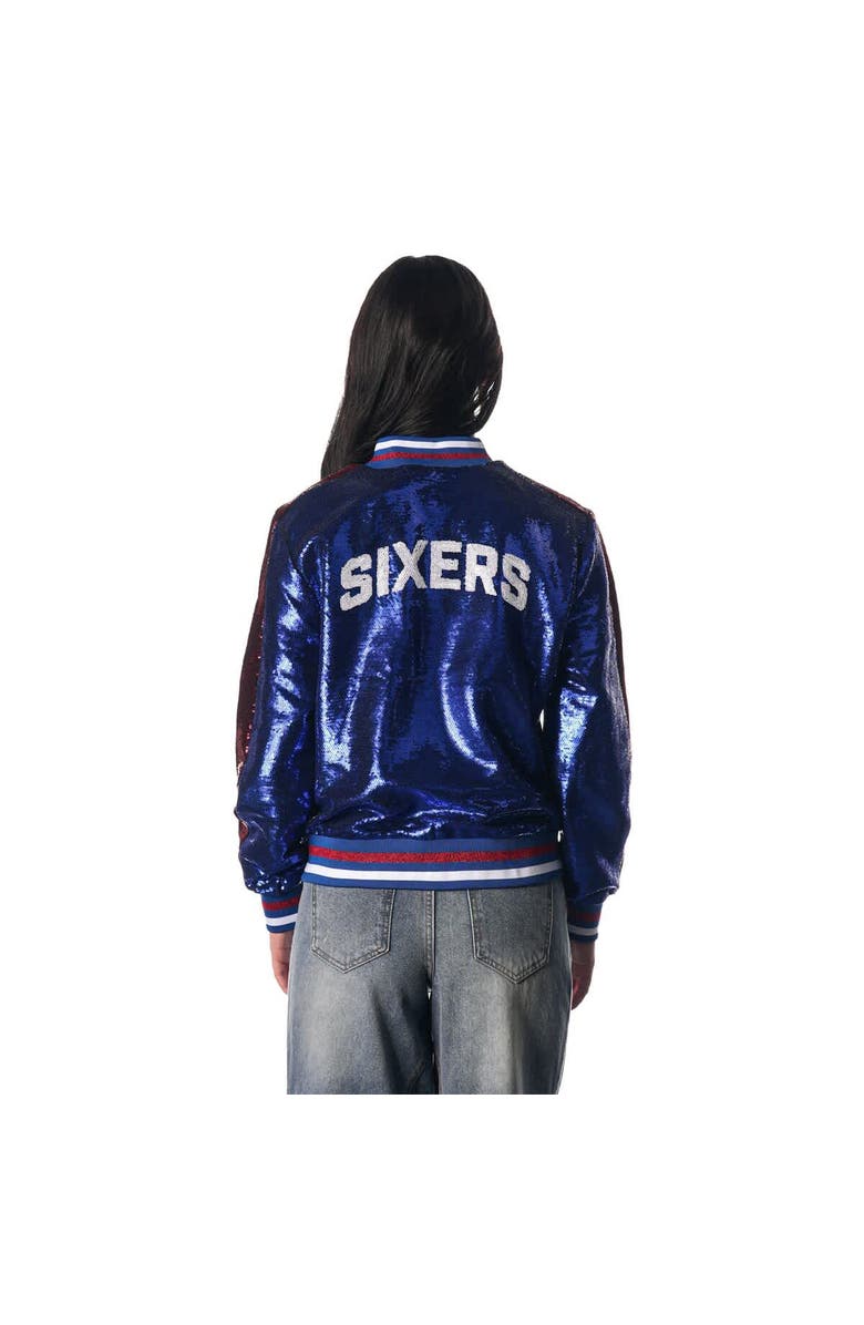 THE WILD COLLECTIVE Women's The Wild Collective Royal Philadelphia 76ers Sequin Bomber Full-Zip Jacket, Alternate, color, Royal