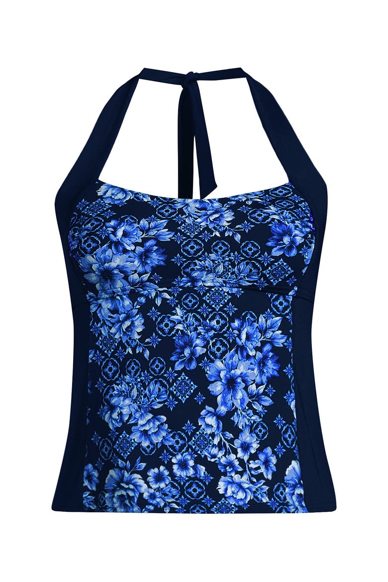 Seamed Halter Tankini Top, Alternate, color, Deep Sea Navy Mosaic Floral