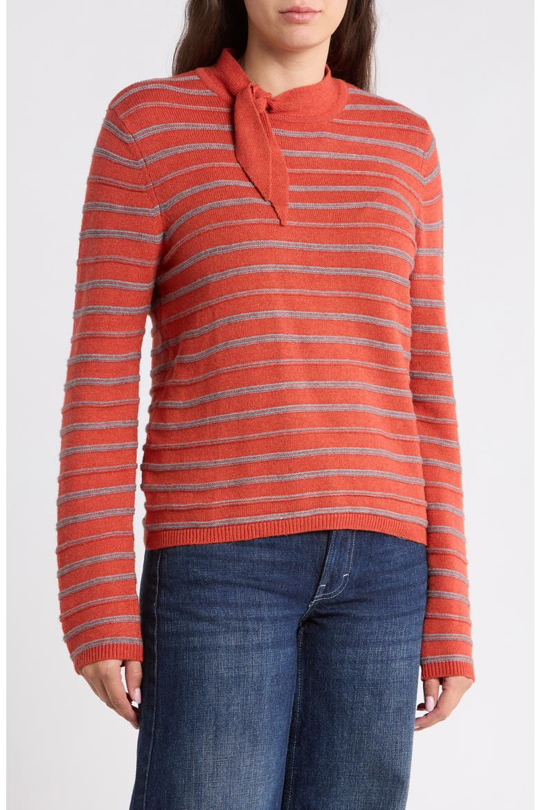 Stripe Tie Neck Sweater, Main, color, PUMPKIN SPICE/ HEATHER GREY