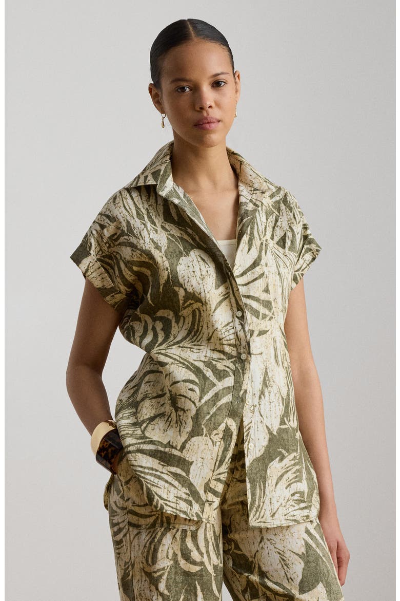 Tropical Print Short Sleeve Linen Shirt, Alternate, color, FARM OLIVE GREEN
