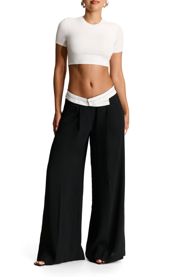 Foldover Waist Wide Leg Trousers, Alternate, color, BLACK