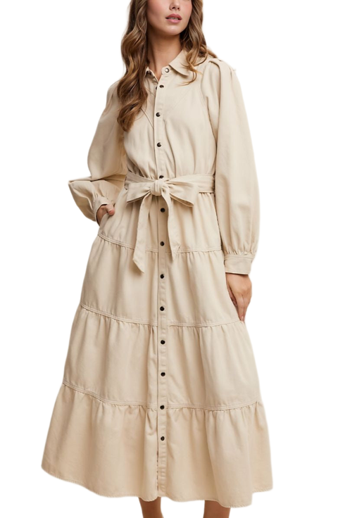 Tiered Belted Bishop Sleeve Maxi Shirt Dress