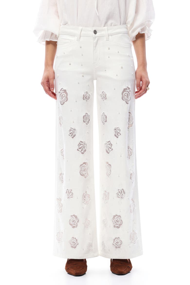 Floral Studded Mid Rise Wide Leg Jeans, Main, color, WHITE