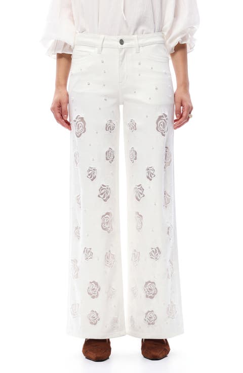 Floral Studded Mid Rise Wide Leg Jeans