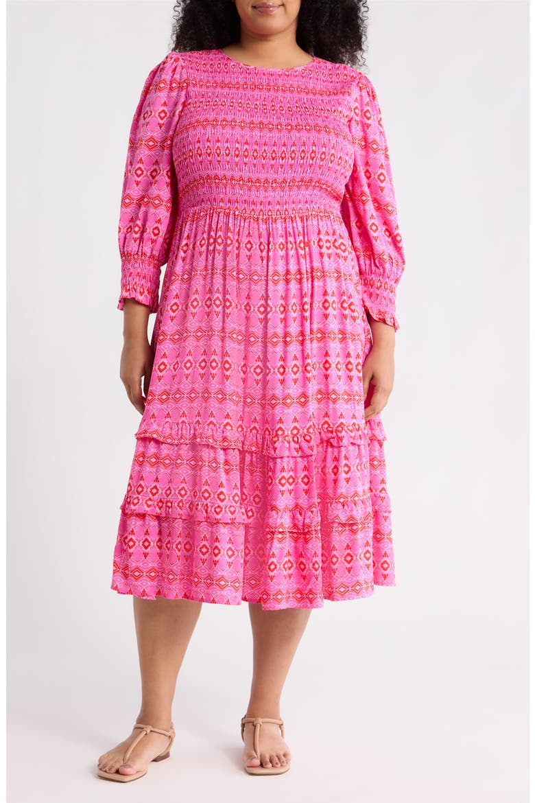 Mirany Ikat Print Long Sleeve Tiered Dress, Main, color, FUSCHIA-RED-MULTI