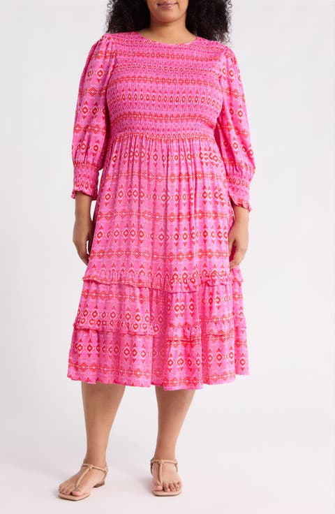 Mirany Ikat Print Long Sleeve Tiered Dress (Plus)
