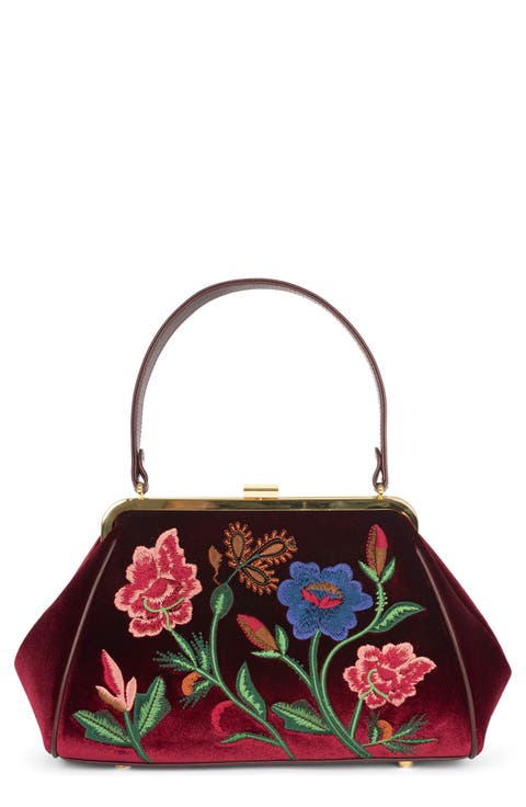 Frame Floral Embroidered Velvet Shoulder Bag