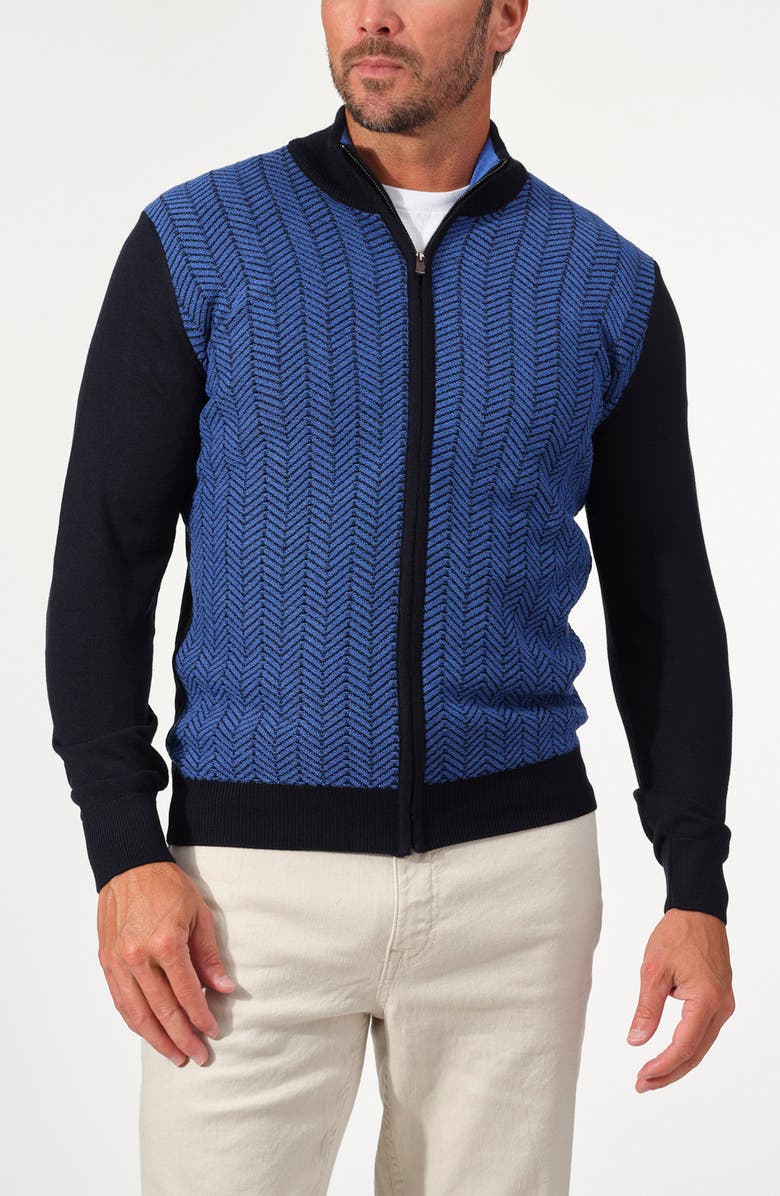 STUDIO GARNET LOS ANGELES Chevron Merino Wool Full Zip Sweater, Alternate, color, Navy