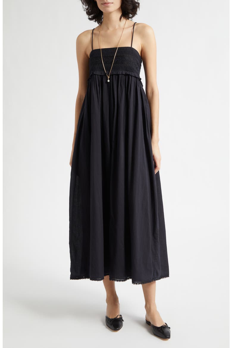 Danielle Embroidered Lace Ruffle Trim Midi Dress, Main, color, BLACK