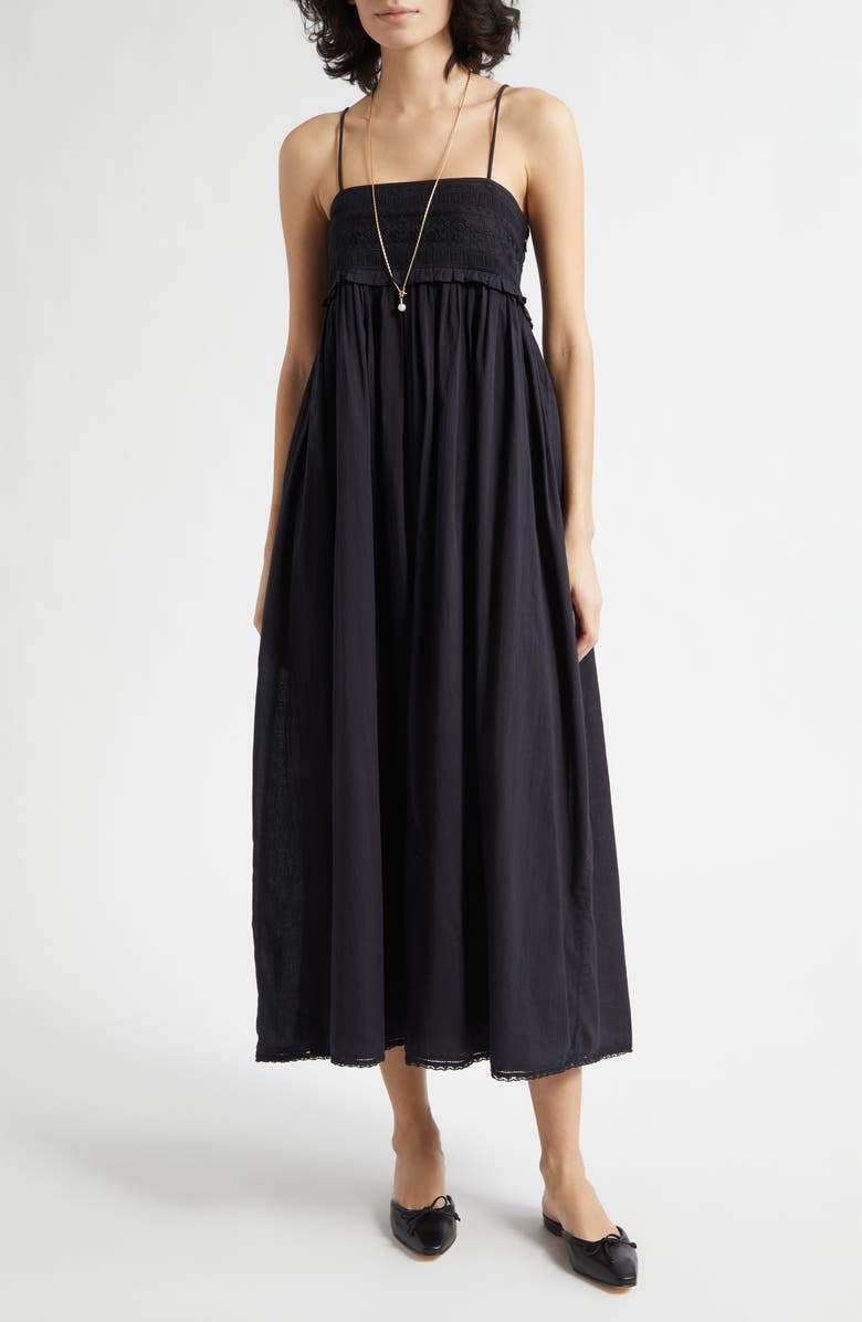 POSSE Danielle Embroidered Lace Ruffle Trim Midi Dress, Main, color, Black