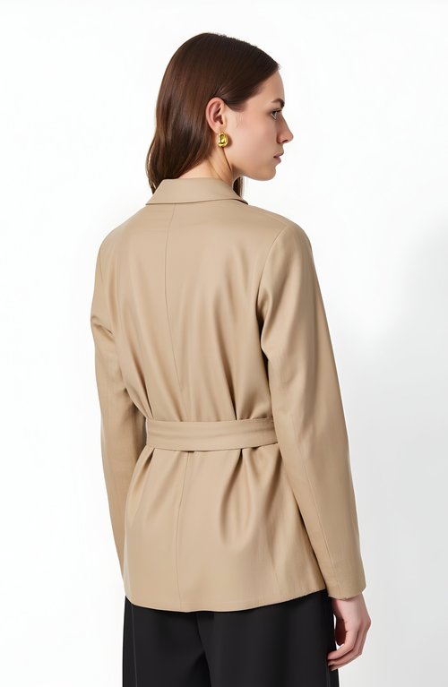 Modenaire Tailored Belted Blazer With Notch Lapels And Flap Pockets In Neutral