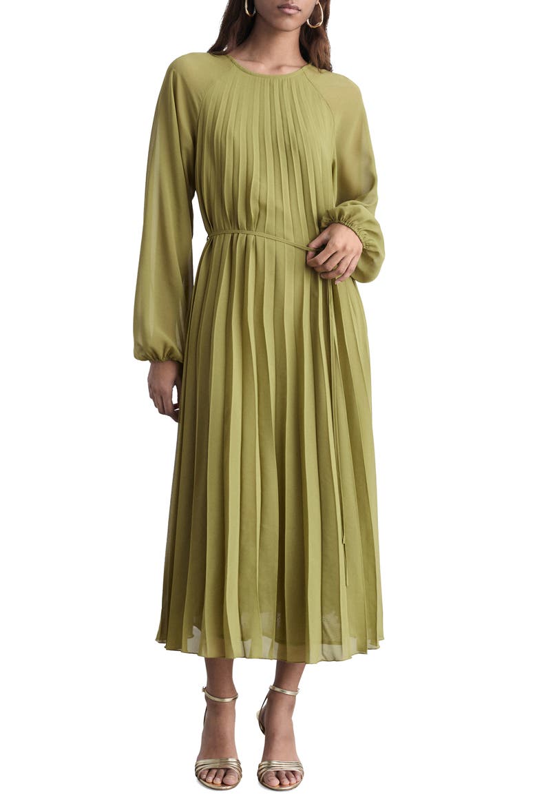 Pleated Long Sleeve Belted Dress, Main, color, OLIVE GREEN