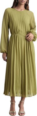 MANGO Pleated Long Sleeve Belted Dress