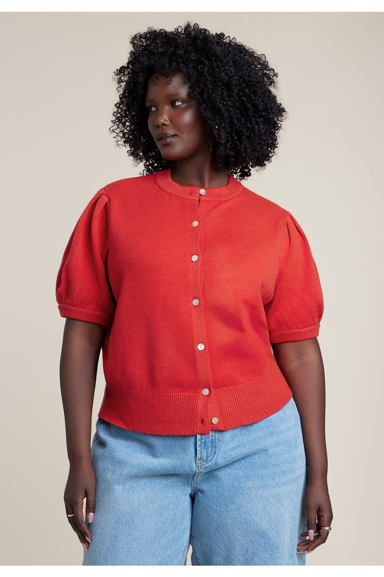Puff Sleeve Cropped Cardigan, Main, color, PATROL RED