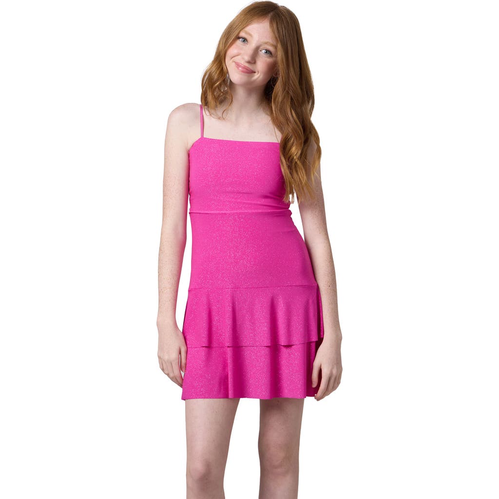 Un Deux Trois Glitter Bow Back Tiered Dress In Pink