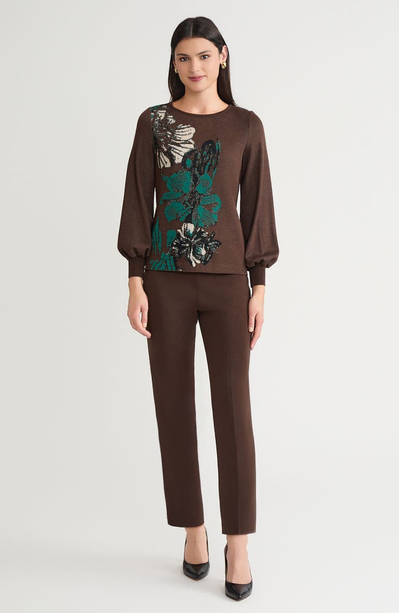 Ming Wang Floral Jacquard Sweater, Alternate, color, Dark Umber/ Everest/ Black
