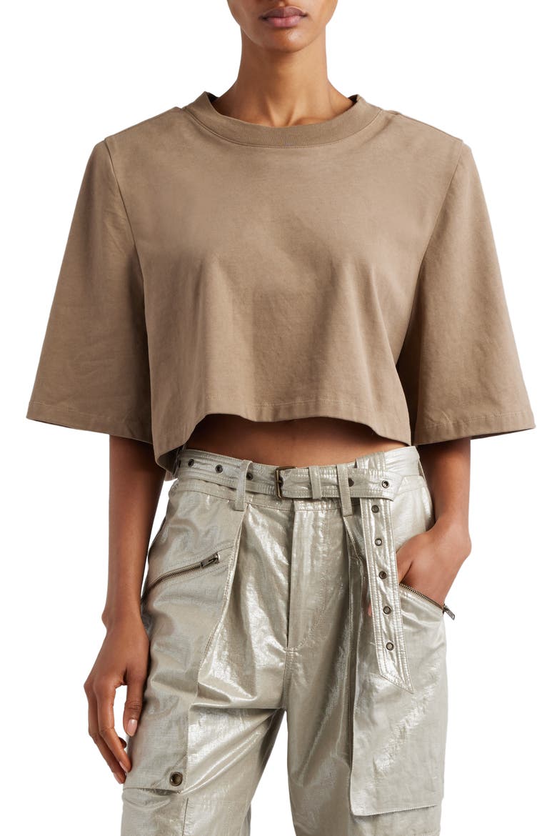 Zaely Shoulder Pad Crop Cotton T-Shirt, Main, color, KHAKI