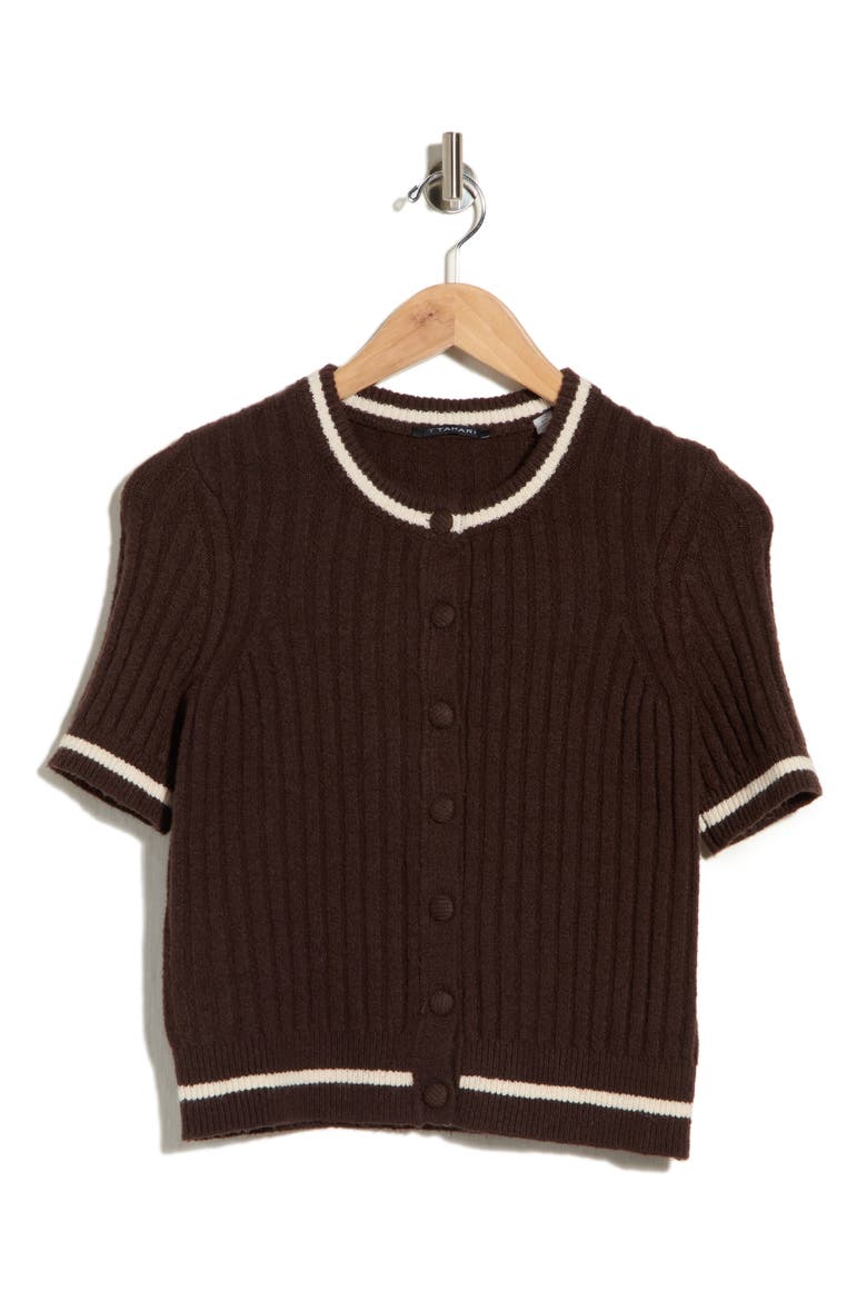 Tipped Ribbed Short Sleeve Cardigan, Main, color, RICH MOCHA / IVORY