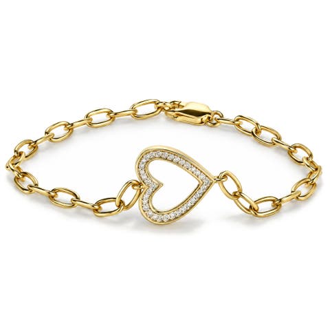 Yellow Gold Vermeil Diamond Accent Open Heart Link Bracelet