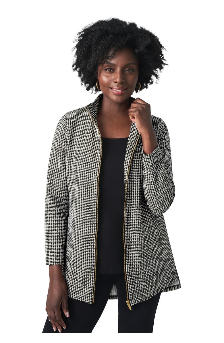 Jessica London Stretch Cotton Zip Front Hi-Low Jacket, Main, color, Black Mini Houndstooth