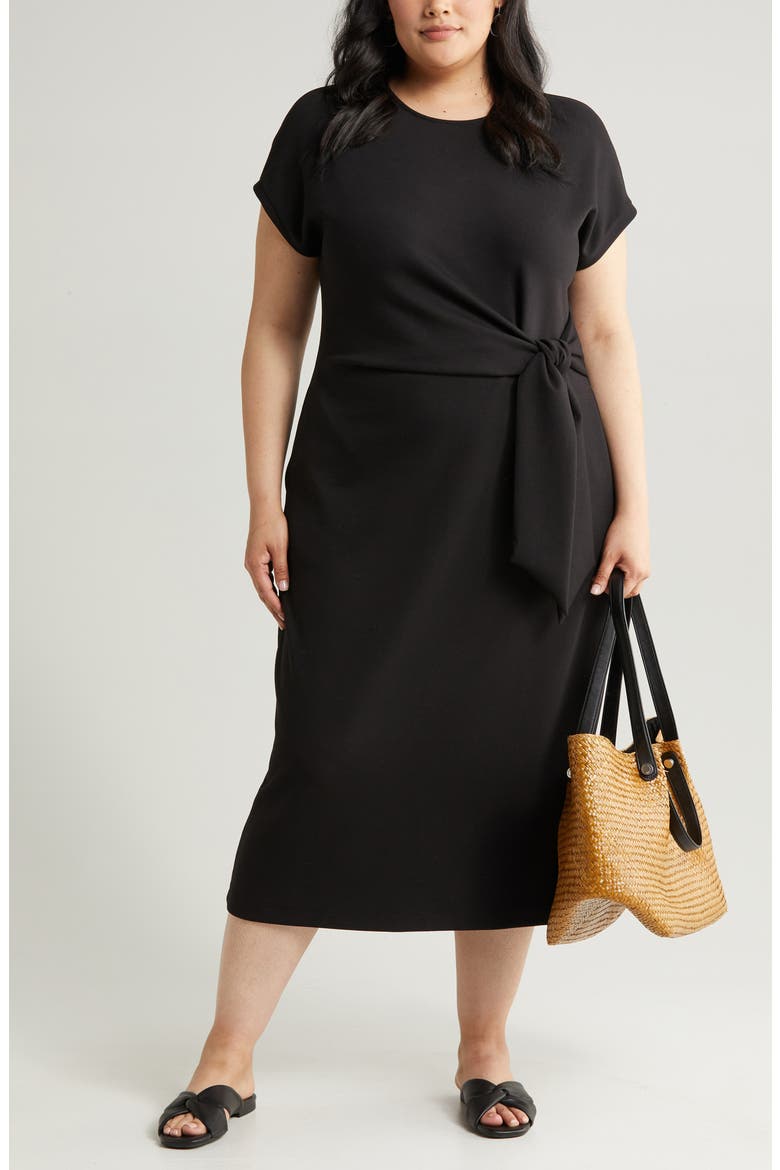 Tie Waist Midi Dress, Alternate, color, BLACK