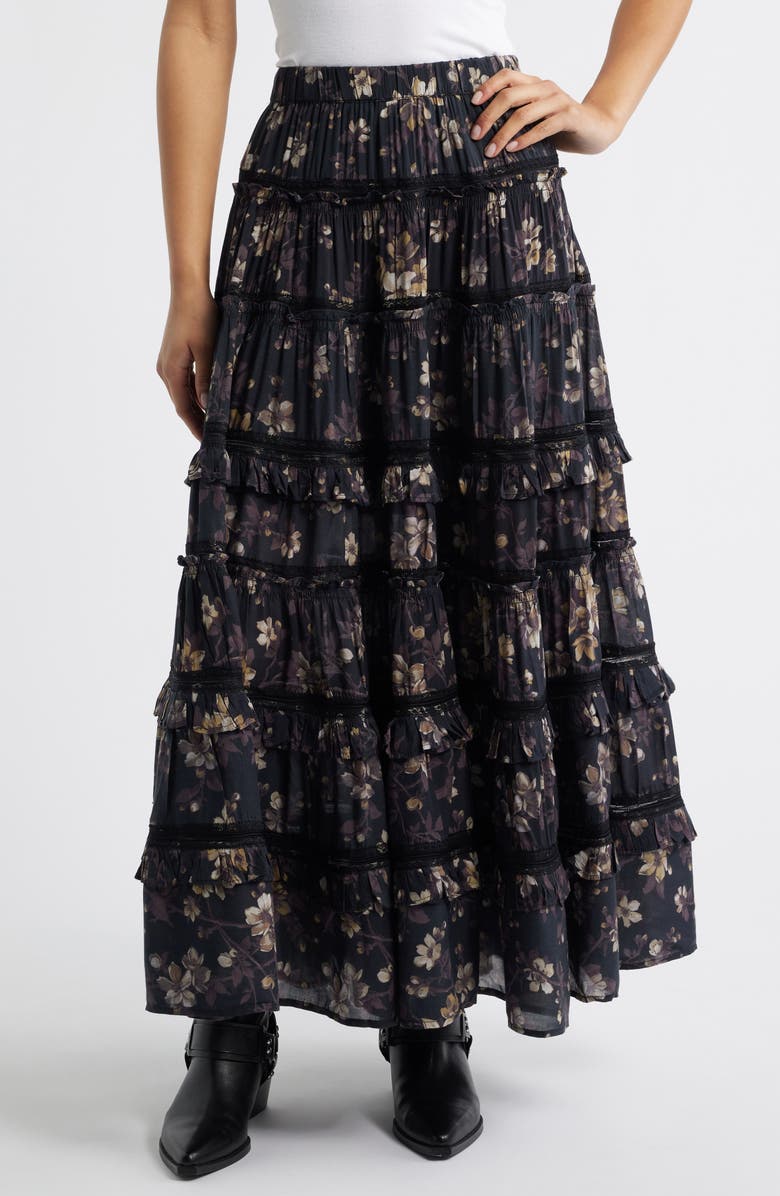 AllSaints Talia Floral Print Ruffle Lace Maxi Skirt, Main, color, Vine Black