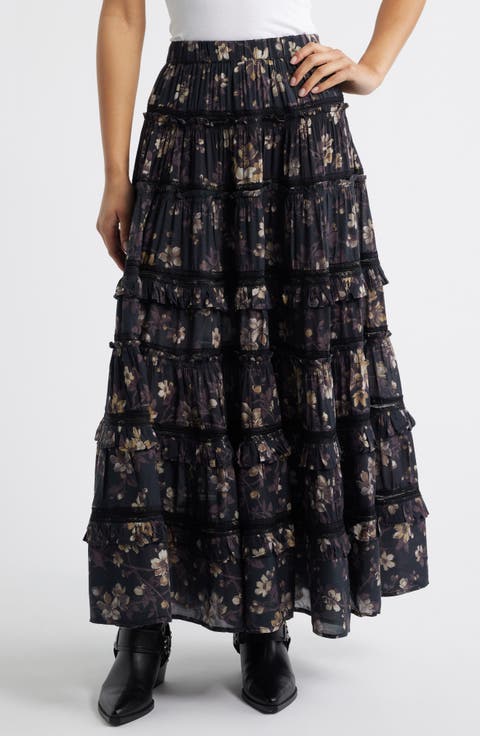 Talia Floral Print Ruffle Lace Maxi Skirt