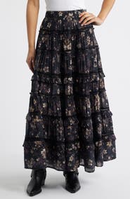 AllSaints Talia Floral Print Ruffle Lace Maxi Skirt